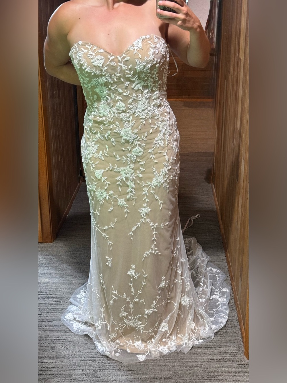 Locket by Watters/WTOO “Trini” Strapless Lace Applique Sheath Gown in Ivory/Nude